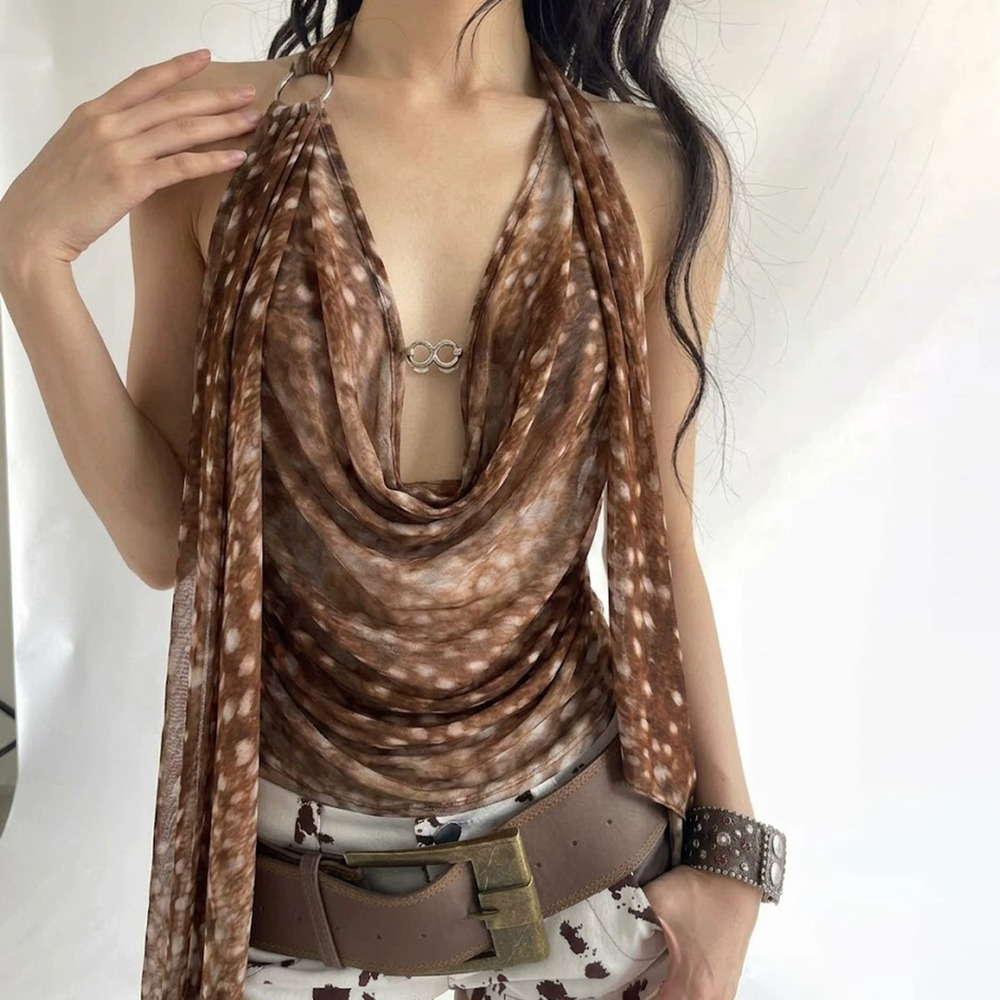 Zara Summer Silky Cowl Neck Halter Backless Bambi Polka Dot Metal Button Cami